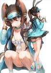  1girl :o amiya_(arknights) animal_ears aqua_choker arknights bare_legs baseball_cap blue_eyes blue_footwear blue_jacket blush breasts brown_hair bunny_ears bunny_girl closed_mouth clothes_writing collarbone dress ears_through_headwear frilled_jacket from_behind hair_between_eyes hat hood hood_down hooded_jacket jacket jewelry long_sleeves looking_at_viewer looking_back multiple_views navel open_clothes open_jacket parted_lips qian_wu_atai ring sandals simple_background small_breasts squatting standing thighlet two-tone_headwear underboob wet white_background white_dress 