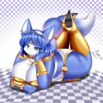  1:1 2020 anthro aozora_(tasogare_aozora) arm_support big_breasts black_nose blue_body blue_ears blue_hair blue_tail breasts canid canine checkered_background checkered_floor cleavage clothed clothing dated female footwear fox hair huge_breasts krystal larger_female leaning_on_elbow loincloth looking_at_viewer lying mammal nintendo on_front pattern_background signature simple_background size_difference star_fox thick_thighs video_games white_clothing 