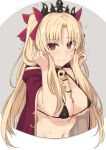  1girl bangs between_breasts bikini black_bikini blonde_hair blush breasts cape cleavage collarbone detached_collar earrings ereshkigal_(fate/grand_order) fate/grand_order fate_(series) gold_trim hoop_earrings infinity jewelry large_breasts long_hair looking_at_viewer micro_bikini navel necklace parted_bangs red_cape red_eyes shiseki_hirame skull solo spine swimsuit two_side_up 