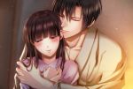  1boy 1girl black_hair blush brown_hair closed_eyes crossed_arms embarrassed facing_viewer hair_between_eyes hetero hug hug_from_behind indoors izumi_(stardustalone) japanese_clothes kimono long_hair renri_no_chigiri_wo_kimi_to_shiru 