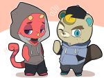  4:3 alternate_costume animal_crossing anthro beaver blonde_hair c.j._(animal_crossing) chameleon chibi clothing duo flick_(animal_crossing) freckles hair hat headgear headwear hoodie horn lizard male mammal nintendo red_body red_scales reptile rodent scales scalie topwear toumoro_22 video_games 