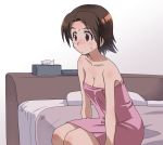  1girl bangs bare_shoulders blanket blush breasts brown_eyes brown_hair cleavage closed_mouth commentary frown girls_und_panzer love_hotel medium_breasts naked_towel on_bed osamada_meika parted_bangs pillow pink_towel sawa_azusa short_hair simple_background sitting solo sweat tissue_box towel white_background 