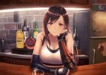  1girl alcohol anbe_yoshirou bangs bar bare_shoulders black_gloves bottle breasts brick_wall brown_eyes brown_hair cleavage closed_mouth commentary_request counter crop_top cup earrings elbow_gloves elbow_pads final_fantasy final_fantasy_vii final_fantasy_vii_remake fingerless_gloves gloves hand_on_own_cheek highres jewelry large_breasts long_hair looking_at_viewer pov refrigerator shirt skirt smile suspender_skirt suspenders tank_top taut_clothes taut_shirt tifa_lockhart undershirt white_tank_top 