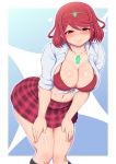  1girl bangs blush bra breasts cleavage collarbone curvy hands_on_own_thighs hanging_breasts highres homura_(xenoblade_2) knees_together_feet_apart large_breasts leaning_forward looking_at_viewer miniskirt navel open_clothes open_shirt plaid plaid_skirt ponpo red_bra red_hair red_skirt school_uniform shirt skirt smile solo squinting swept_bangs thick_thighs thighs tiara underwear white_shirt wide_hips xenoblade_(series) xenoblade_2 