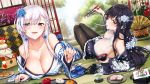  2girls arm_support azuma_(azur_lane) azur_lane bamboo bangs bare_shoulders belfast_(azur_lane) black_hair black_legwear blue_flower blue_kimono blush braid breasts chopsticks collarbone cup day earrings eating eyebrows_visible_through_hair floral_print flower food foreshortening french_braid fruit green_tea hair_between_eyes hair_flower hair_ornament hand_up highres hisasi holding holding_chopsticks indoors japanese_clothes jewelry kadomatsu kagami_mochi kimono knees_up large_breasts legs_together long_hair looking_at_viewer lying mandarin_orange mochi multiple_girls new_year off-shoulder_kimono official_art on_back on_stomach open_door open_mouth pantyhose plate purple_eyes reaching_out red_flower round_teeth sanbou sideboob sliding_doors smile tea teeth tongue tree wagashi wave_print white_flower white_hair white_kimono zouni_soup 