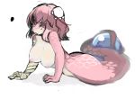  2015 bodily_fluids breasts butt crying female forked_tongue hair naga nipples nude pink_body pink_eyes pink_hair pink_scales reptile scales scalie serpentine simple_background snake solo tears tongue toribako transformation white_background 