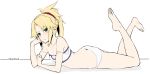  1girl absurdres blonde_hair breasts character_name commentary_request eyebrows_visible_through_hair fate_(series) feet green_eyes hand_on_own_cheek highres looking_at_viewer mordred_(fate)_(all) mordred_(swimsuit_rider)_(fate) raised_eyebrow small_breasts solo takatun223 white_background 