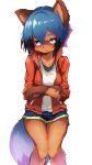  absurd_res anthro black_hair blue_body blue_eyes blue_hair brand_new_animal breasts brown_body brown_fur canid canine clothed clothing crossed_arms cute_fangs female fingers fluffy fluffy_tail fur hair hi_res jacket mammal michiru_kagemori multicolored_hair open_jacket portrait pouting raccoon_dog solo studio_trigger tab_head tanuki three-quarter_portrait topwear 