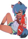  2020 5_fingers anthro blue_body blue_eyes blue_fur blue_hair bottomwear brand_new_animal breasts brown_body brown_fur brown_nose canid canine clothed clothing cute_fangs female fingers fluffy fluffy_tail fur hair hi_res jacket lizzy_imo mammal michiru_kagemori multicolored_eyes one_eye_closed open_jacket pink_eyes raccoon_dog short_hair shorts simple_background sitting solo studio_trigger tanuki topwear wink 