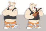  2018 anthro belly blush bottomwear breeze_in_the_clouds clothing humanoid_hands komoroshi_(artist) male mammal musical_instrument overweight overweight_male pants pile_(breeze_in_the_clouds) shirt simple_background solo topwear ursid 