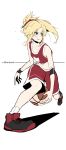  1girl absurdres ball basketball_uniform blonde_hair breasts character_name commentary_request eyebrows_visible_through_hair fate_(series) green_eyes highres holding holding_ball looking_back mordred_(fate)_(all) shoes small_breasts solo sportswear takatun223 tongue tongue_out white_background 