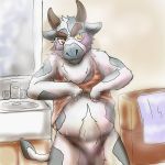  1:1 2013 anthro bathroom blush bodily_fluids bovid bovine cattle clothed clothing detailed_background fur kemono male mammal open_shirt poisonkinoko shirt slightly_chubby solo sweat topwear white_body white_fur 