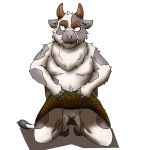  1:1 2013 anthro belly bovid bovine cattle fur humanoid_hands kemono kilt male mammal moobs poisonkinoko simple_background slightly_chubby solo white_background white_body white_fur 