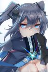  1girl absurdres azur_lane bangs black_gloves blue_cape blue_eyes breasts cape cleavage commentary_request eyebrows_visible_through_hair gloves glowing grey_hair hair_between_eyes hair_ornament hand_up highres intrepid_(azur_lane) kongbai_huanxiang large_breasts long_hair looking_to_the_side parted_lips portrait shiny shiny_skin sidelocks simple_background solo strap twintails very_long_hair white_background 