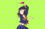  1girl arm_up bangs black_blouse black_hair black_skirt blouse closed_eyes closed_mouth dancing easy_breezy eizouken_ni_wa_te_wo_dasu_na! facing_viewer fingerless_gloves gloves green_background gyosone highlights kill_la_kill matoi_ryuuko midriff multicolored_hair navel parody pleated_skirt red_gloves red_hair school_uniform senketsu serafuku short_hair single_glove skirt smile solo standing style_parody suspenders two-tone_hair 