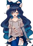  2018 animal_humanoid blue_eyes blue_hair blush bodily_fluids bottomwear cat_humanoid clothing drooling felid felid_humanoid feline feline_humanoid female hair hoodie human_to_anthro humanoid long_hair mammal mammal_humanoid ribbons saliva skirt solo species_transformation topwear toribako transformation 