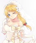  1girl blonde_hair blue_eyes breasts closed_mouth collarbone crown_hair_ornament dress eyebrows_visible_through_hair flower gloves grey_background hachimiya_meguru hair_flower hair_ornament idolmaster idolmaster_shiny_colors jewelry long_hair minikon necklace one_eye_closed rose simple_background skirt_hold solo white_gloves 