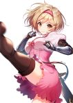  1girl blonde_hair boots brown_eyes djeeta_(granblue_fantasy) dress gauntlets granblue_fantasy hair_intakes hairband high_kick highres kicking looking_at_viewer pink_dress short_hair simple_background smile solo thigh_boots thighhighs twitter_username tyyni white_background 