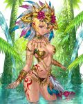  1girl absurdres animal_ears aqua_eyes blonde_hair bracelet breasts collar collarbone contrapposto day feathers forest headdress highres jewelry looking_at_viewer looking_to_the_side nature navel necklace outdoors ozma partially_submerged short_hair skull smile tattoo wet 