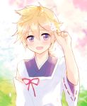  1boy aitetsu_(module) blonde_hair blue_eyes commentary detached_sleeves flower hair_flower hair_ornament hand_up highres holding holding_flower japanese_clothes kagamine_len light_blush looking_at_viewer male_focus open_mouth project_diva_(series) ribbon shiroro69 shirt smile spiked_hair upper_body vocaloid white_shirt white_sleeves 