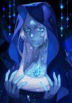  1girl blue_diamond_(steven_universe) blue_eyes blue_skin blue_theme breasts chest_jewel crying diamond-shaped_pupils dripping eyelashes gem highres hood hood_up lips long_hair looking_at_viewer oollnoxlloo parted_lips sad silver_hair sleeves_past_wrists smile solo steven_universe symbol-shaped_pupils tears upper_body 
