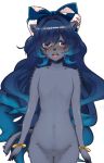  2018 after_transformation anthro blue_eyes blue_hair blush breasts domestic_cat felid feline felis female hair long_hair mammal naturally_censored nude ribbons small_breasts solo surprise toribako 