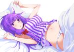  1girl bangs bare_shoulders blue_bow blunt_bangs blush bow breasts commentary_request dress dress_lift eichi_yuu hair_bow jitome large_breasts long_hair lying navel no_hat no_headwear on_back on_bed panties parted_lips patchouli_knowledge purple_eyes purple_hair red_bow revision sleeveless sleeveless_dress solo stomach strapless strapless_dress striped touhou under_covers underwear vertical-striped_dress vertical_stripes white_panties 
