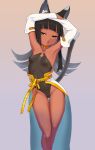  1girl animal_ears armpits arms_up bangs bare_legs bare_shoulders black_hair blunt_bangs breasts cameltoe collarbone dark_skin detached_sleeves egyptian hayanye highres leotard long_hair looking_at_viewer open_mouth original simple_background small_breasts solo tail 