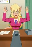  anthro arms_above_head business_suit callie_briggs chair clothing desk domestic_cat eyewear felid feline felis female furniture glasses gun handgun hanna-barbera hi_res imightbemick looking_at_viewer mammal open_mouth paper pen phone ranged_weapon sitting solo suit surprise swat_kats weapon 