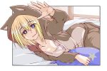  1girl animal_ears animal_hood azur_lane baggy_clothes bataan_(azur_lane) bataan_(comfy_cotton_jammies)_(azur_lane) blonde_hair brown_bodysuit brown_hoodie cat_hood cat_pajamas fake_animal_ears highres hood hooded_pajamas imagawa_akira looking_at_viewer pajamas purple_eyes smile solo 