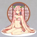  1girl asagao_minoru blush bra cherry_blossom_print cherry_hair_ornament collarbone commentary floral_print food_themed_hair_ornament furrowed_eyebrows grey_background hair_ornament hatsune_miku light_smile long_hair looking_at_viewer nail_polish navel open_window panties pink_bra pink_eyes pink_hair pink_nails pink_panties round_window sakura_miku signature sittign sitting solo tree twintails underwear very_long_hair vocaloid wariza window 