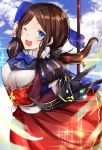  1girl absurdres bangs black_bow blue_bow blue_eyes blue_gloves blue_sky blush bow bowtie breasts brown_dress brown_hair dress elbow_gloves fate/grand_order fate_(series) forehead gauntlets gloves hair_bow highres leonardo_da_vinci_(fate/grand_order) leonardo_da_vinci_(rider)_(fate) long_hair looking_at_viewer one_eye_closed open_mouth parted_bangs ponytail puff_and_slash_sleeves puffy_short_sleeves puffy_sleeves red_skirt short_sleeves single_gauntlet skirt sky small_breasts smile solo sparkle staff v zaza_(zazam_s) 