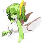  2015 bodily_fluids breasts female green_body green_eyes green_hair green_scales hair implied_transformation membrane_(anatomy) membranous_wings navel nipples nude scales solo tears toribako transformation wings 