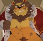  animal_crossing anthro blush clothing elvis_(animal_crossing) felid hair hyaku_(artist) imminent_sex king lion looking_at_viewer looming male mammal mane mane_hair muscular muscular_male nintendo pantherine pecs pubes robe royalty scar solo undressing video_games 