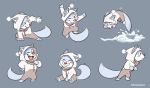  2018 anthro arctic_fox blush breeze_in_the_clouds canid canine clothing eyes_closed fox hoodie humanoid_hands mammal scarf simple_background sitting snow snow_(breeze_in_the_clouds) solo topwear 