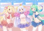  3girls ;d adapted_costume ahoge animal_on_head armpits ass_visible_through_thighs azur_lane bangs bare_shoulders belt bird blonde_hair blue_bow blue_skirt blue_sky blush bow braid braided_bun breasts bunny_hair_ornament chan&#039;nu cheerleader chick collared_shirt comet comet_(azur_lane) commentary_request confetti cowboy_shot crescent_(azur_lane) crop_top cygnet_(azur_lane) cygnet_(royal_fanfare)_(azur_lane) double_bun elbow_gloves eyebrows_visible_through_hair gloves green_hair groin hair_between_eyes hair_bow hair_ornament hair_ribbon hair_rings hands_up large_breasts long_hair looking_at_viewer manjuu_(azur_lane) midriff mirrored multiple_girls navel on_head one_eye_closed open_mouth panties pantyshot pantyshot_(standing) pink_ribbon pom_poms purple_shirt purple_skirt red_eyes red_shirt red_skirt ribbon shirt side_bun sidelocks signature skirt sky sleeveless sleeveless_shirt small_breasts smile stadium standing thighhighs track_and_field two-tone_shirt two_side_up underwear very_long_hair white_belt white_gloves white_hair white_panties white_shirt yellow_ribbon zettai_ryouiki 