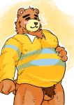  2020 animal_crossing anthro balls belly blush brown_body brown_fur clothing eyes_closed fur genitals hi_res humanoid_hands male mammal nintendo overweight overweight_male pubes ro_mo_do shirt solo teddy_(animal_crossing) topwear ursid video_games 