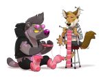  2019 4:3 anthro belly bottomwear breeze_in_the_clouds canid canine canis clothing duo humanoid_hands hyaenid jackal knitting male mammal pants peb_(breeze_in_the_clouds) scarf simple_background sitting slightly_chubby sodo_(breeze_in_the_clouds) white_background 