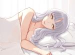  1girl bangs bed_sheet blunt_bangs breasts carmilla_(fate/grand_order) collarbone commentary_request covering covering_breasts curly_hair eyebrows_visible_through_hair fate/grand_order fate_(series) kozara14 long_hair looking_at_viewer lying medium_breasts on_bed on_pillow on_side pillow silver_hair smile solo upper_body yellow_eyes 