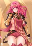  1girl ass_visible_through_thighs belt black_gloves blush breasts cape celica_(fire_emblem) curvy fingerless_gloves fire_emblem fire_emblem_awakening fire_emblem_echoes:_shadows_of_valentia gloves grin highres large_breasts long_hair red_eyes red_hair red_shorts revealing_clothes revolverwing short_shorts shorts sideboob smile solo tabard thighhighs tiara underboob 