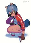  2020 absurd_res anthro black_hair blue_body blue_eyes blue_fur blue_hair brand_new_animal breasts brown_body brown_fur canid canine cfe_0 clothed clothing crouching female fluffy fluffy_tail fur hair hi_res jacket looking_at_viewer mammal michiru_kagemori multicolored_eyes multicolored_hair open_jacket raccoon_dog short_hair simple_background smile solo studio_trigger tanuki topwear 