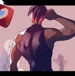  2boys adjusting_headwear back black_hair dande_(pokemon) dark_skin duraludon headband highres kibana_(pokemon) letterboxed male_focus multiple_boys muscle nyantcha pokemon pokemon_(game) pokemon_swsh rotom_phone tight vest 