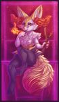  2020 4_fingers absurd_res anthro border braixen breasts canid canine digital_media_(artwork) dimwitdog eyebrows eyelashes female fingers fur hi_res holding_object looking_at_viewer mammal nintendo nipples pok&eacute;mon pok&eacute;mon_(species) purple_border red_eyes simple_background sitting solo stick video_games 