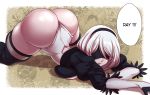  1girl absurdres ass black_headband blindfold breast_squeeze breasts gears headband highres huge_ass juliet_sleeves large_breasts leotard long_sleeves nier_(series) nier_automata nisego number outline parted_lips puffy_sleeves speech_bubble thick_thighs thighhighs thighs top-down_bottom-up white_hair white_leotard white_outline yorha_no._2_type_b 