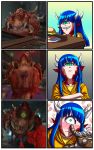  1girl blue_hair blush cacodemon cyclops demon_girl doom_(game) doom_eternal food green_eyes grin hamburger highres horns looking_at_viewer one-eyed personification pointy_ears poking_nose pov reference_photo_inset sharp_teeth shirt smile substance20 surprised teeth wavy_mouth yellow_shirt 