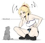  1girl annoyed black_footwear blonde_hair boots breasts cat character_name commentary_request eyebrows_visible_through_hair fate_(series) green_eyes hand_on_own_cheek highres mordred_(fate)_(all) mordred_(swimsuit_rider)_(fate) seiza simple_background sitting small_breasts takatun223 translation_request white_background 
