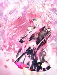  black_jacket black_skirt blue_eyes cherry_blossoms commentary cowboy_shot dress_shirt falling_petals flower hair_over_one_eye hand_in_hair head_tilt holding holding_flower jacket long_hair looking_at_viewer megurine_luka petals pink_hair pleated_skirt sawashi_(ur-sawasi) shirt skirt standing symbol_commentary tareme vocaloid white_shirt 