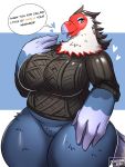  &lt;3 2020 4_fingers amelia_(animal_crossing) animal_crossing anthro avian beak belly big_breasts bird black_eyes blue_body blue_feathers blush bottomless breasts caracara clothed clothing curvy_figure digital_media_(artwork) english_text falconid feathers female fingers front_view hi_res nintendo non-mammal_breasts ocaritna open_mouth overweight overweight_female red_body red_feathers signature solo speech_bubble text thick_thighs video_games voluptuous white_body white_feathers white_pupils wide_hips 
