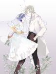  1other aechmea_(houseki_no_kuni) androgynous ankle_ribbon ballet_slippers bangs bare_shoulders belt black_pants blue_dress blue_hair blue_ribbon breast_pocket bridal_veil coat collared_shirt crying cuts detached_sleeves dress dress_shirt dripping eye_contact feet_out_of_frame floating flower flower_wreath from_side full_body glasses golden_arms grey_neckwear hand_in_pocket head_wreath highres holding houseki_no_kuni injury labcoat long_sleeves looking_at_another looking_down looking_up necktie open_clothes open_coat open_hand pale_skin pants petals phosphophyllite phosphophyllite_(ll) plant plantar_flexion pocket pointing profile ribbon see-through shirt short_hair silver_hair simple_background spoilers standing streaming_tears sunfish263 tears veil white_background white_flower white_shirt wings 