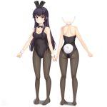  1girl absurdres animal_ears ass ass_visible_through_thighs black_hair black_legwear black_leotard black_neckwear bow bowtie brown_eyes bunny_ears bunny_girl bunny_tail bunnysuit character_chart commentary_request detached_collar full_body highres leotard long_hair looking_at_viewer multiple_views original pantyhose sainohikari simple_background standing strapless strapless_leotard tail white_background wrist_cuffs 